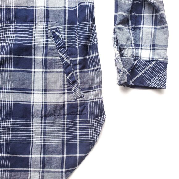 Columbia Plaid Shirt Sz L Times Two Long Sleeve Tunic Blue Roll Tab 100% Cotton - Picture 4 of 11